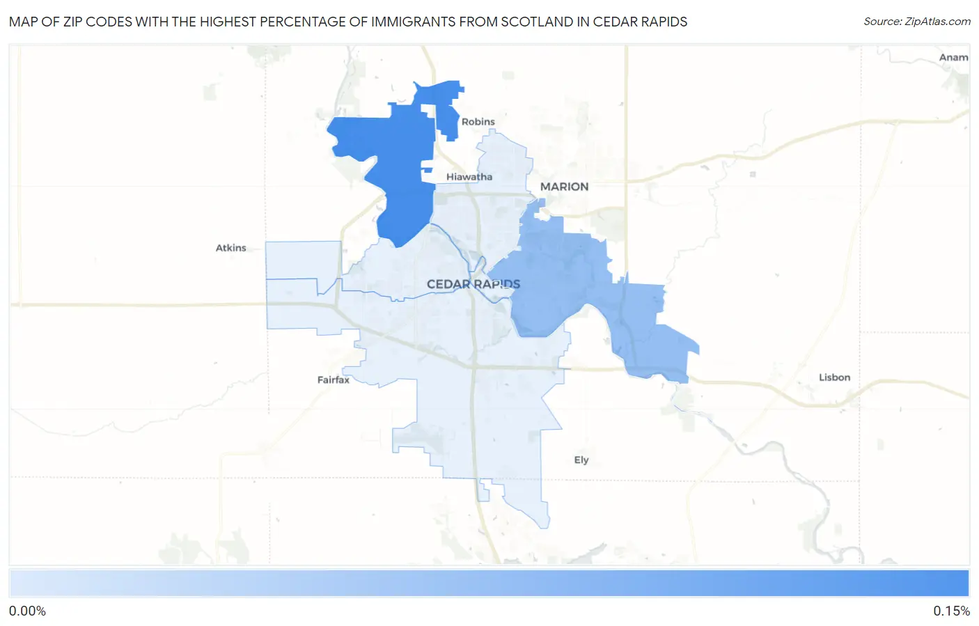 Zip Codes with the Highest Percentage of Immigrants from Scotland in Cedar Rapids Map