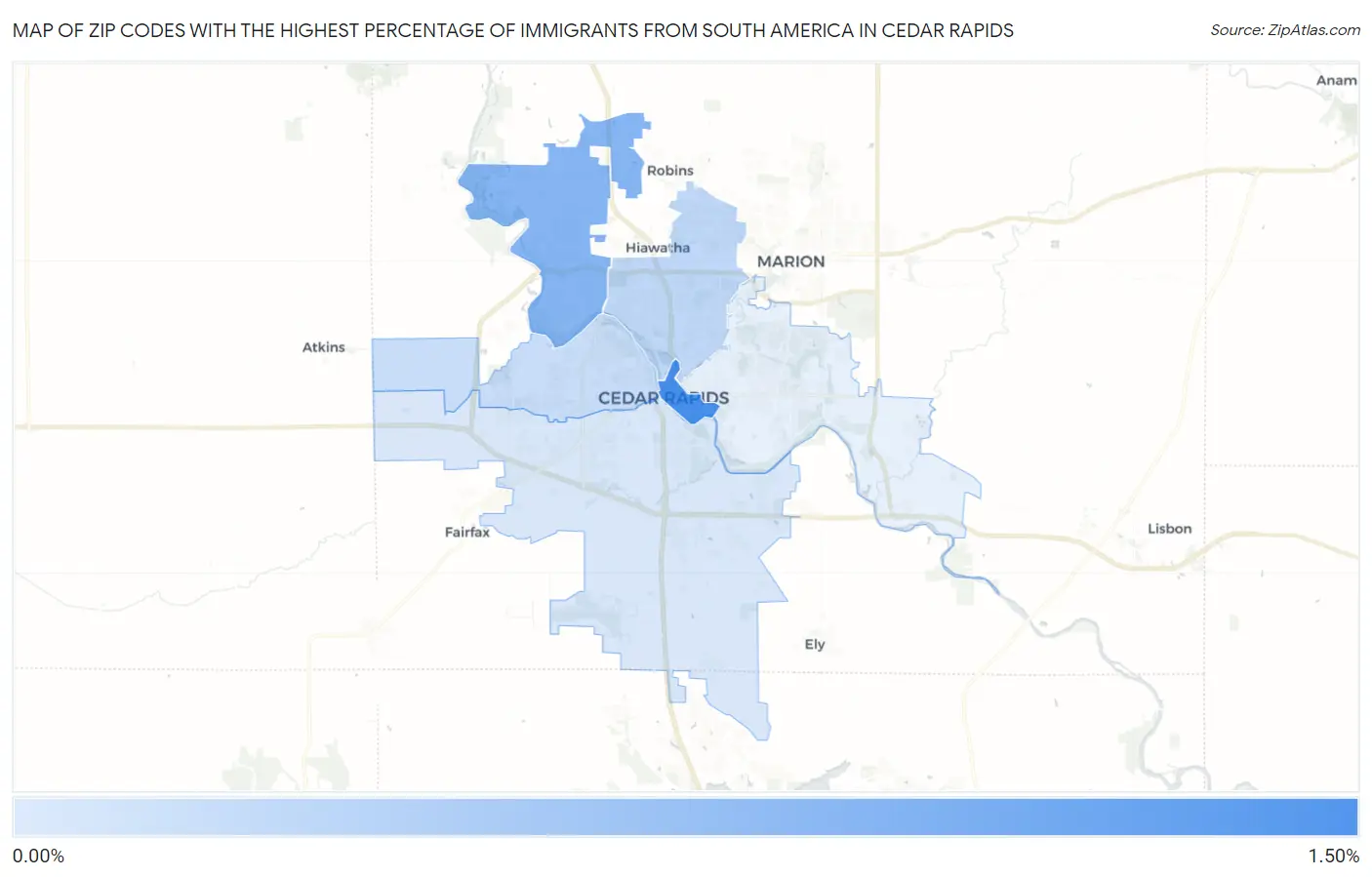 Zip Codes with the Highest Percentage of Immigrants from South America in Cedar Rapids Map