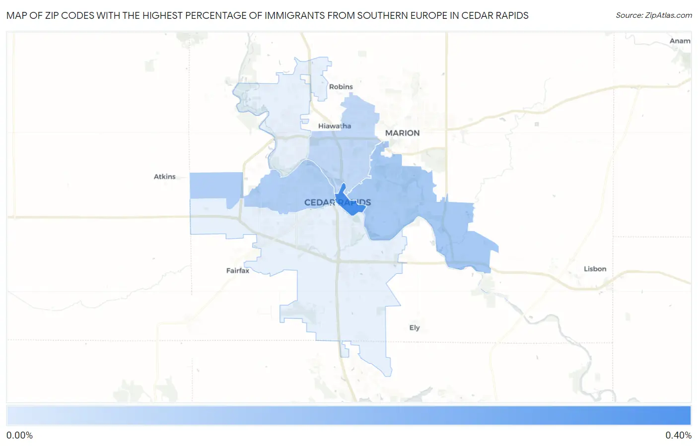 Zip Codes with the Highest Percentage of Immigrants from Southern Europe in Cedar Rapids Map