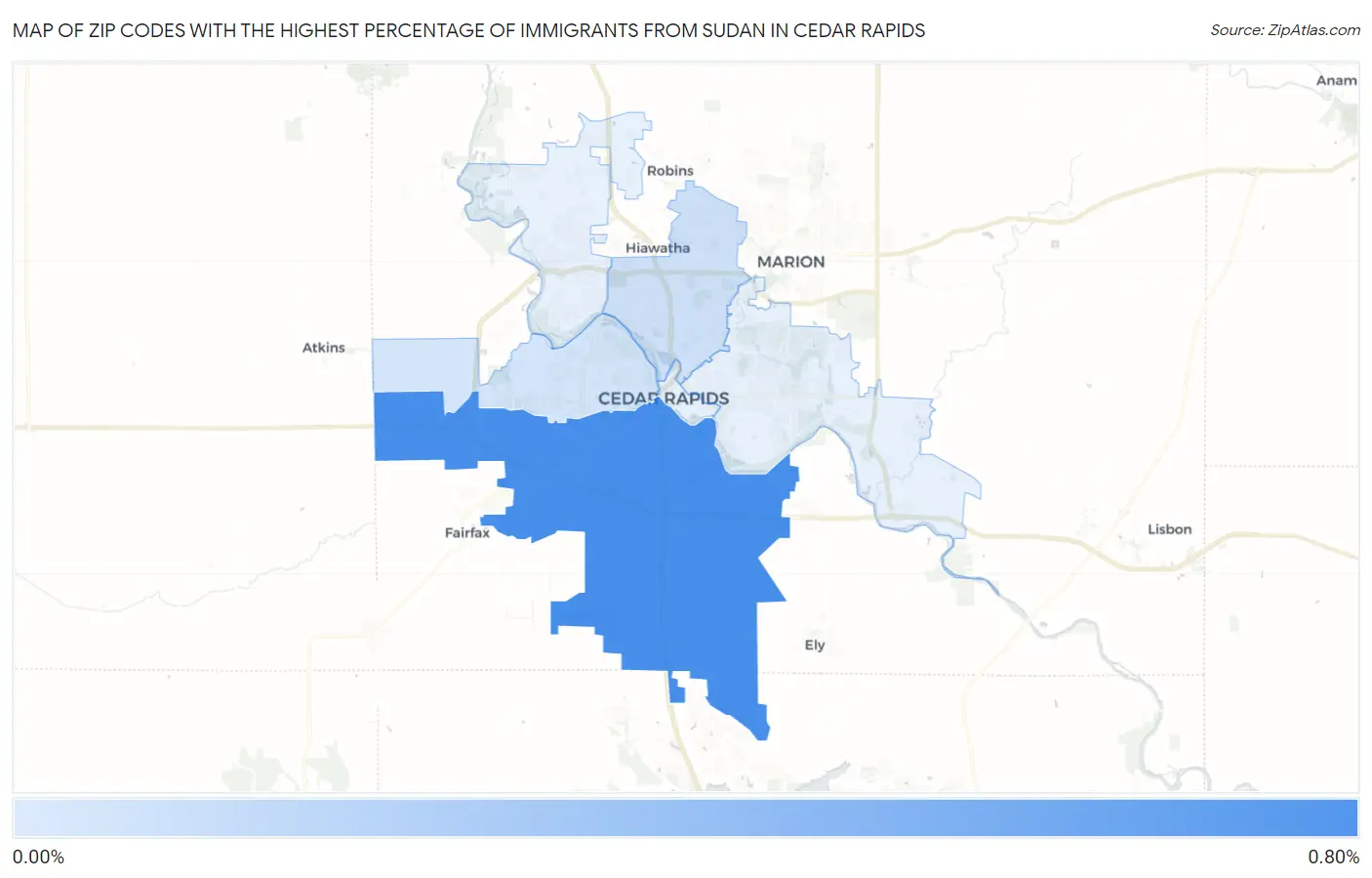 Zip Codes with the Highest Percentage of Immigrants from Sudan in Cedar Rapids Map