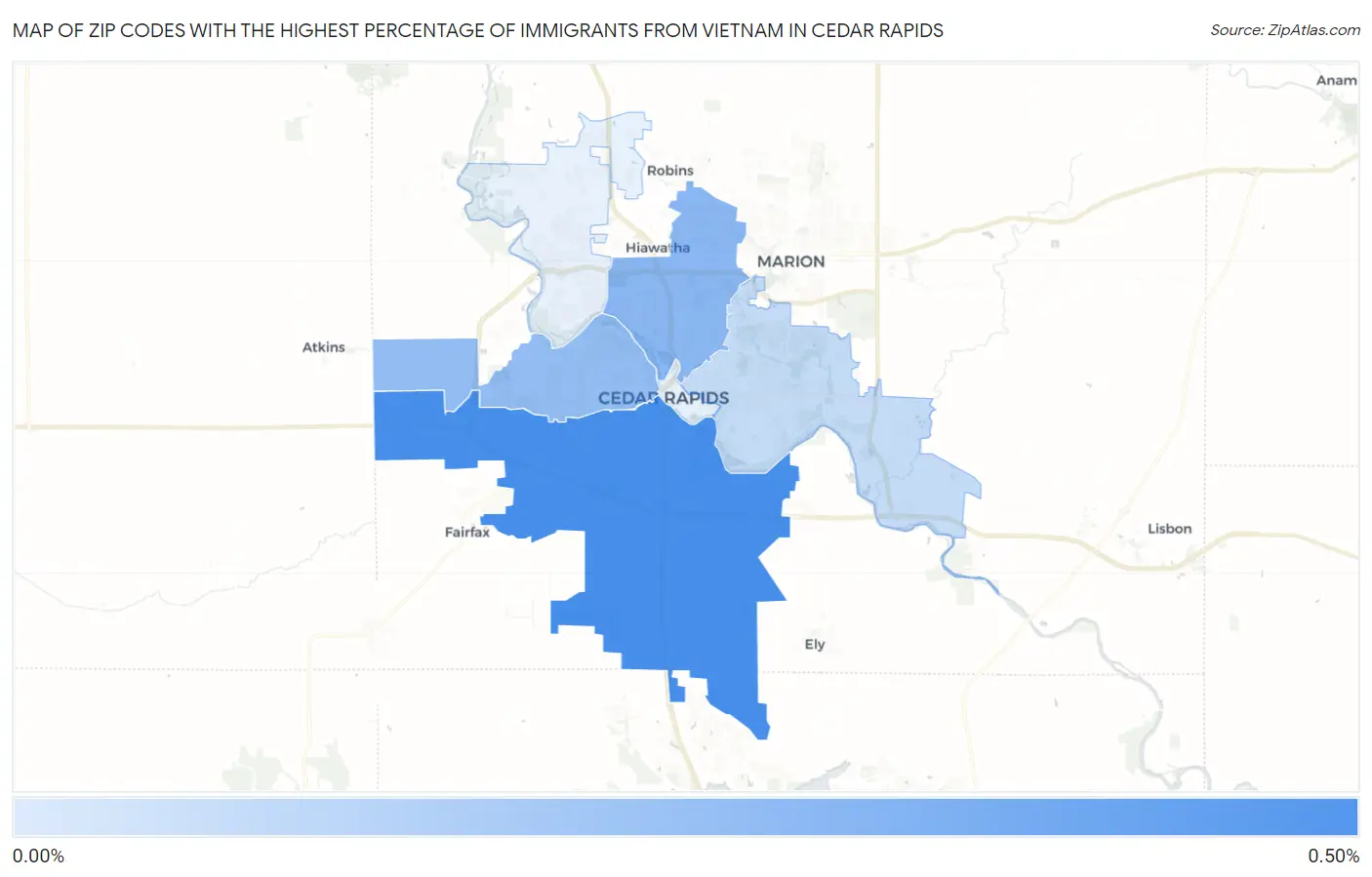 Zip Codes with the Highest Percentage of Immigrants from Vietnam in Cedar Rapids Map