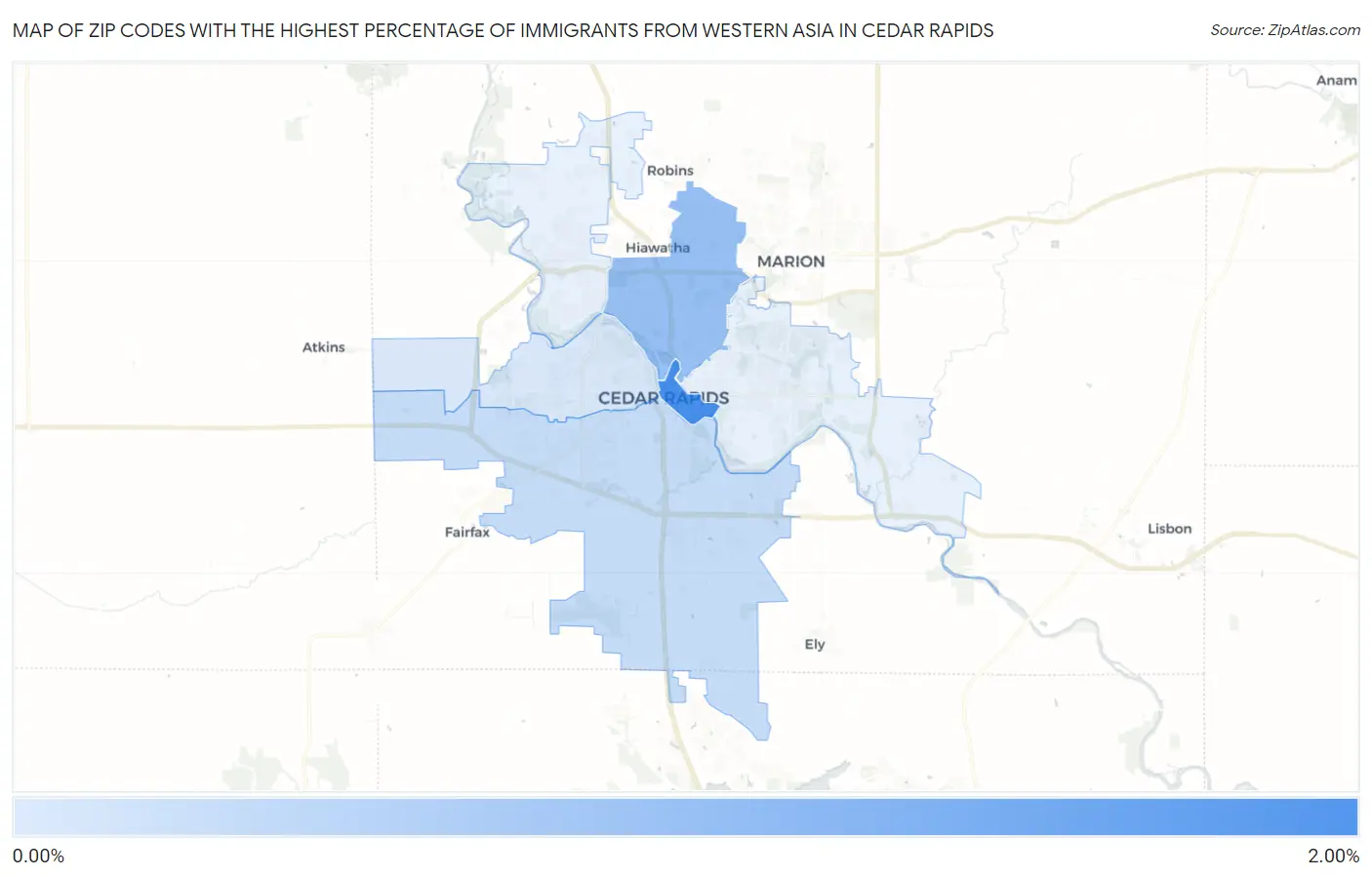 Zip Codes with the Highest Percentage of Immigrants from Western Asia in Cedar Rapids Map
