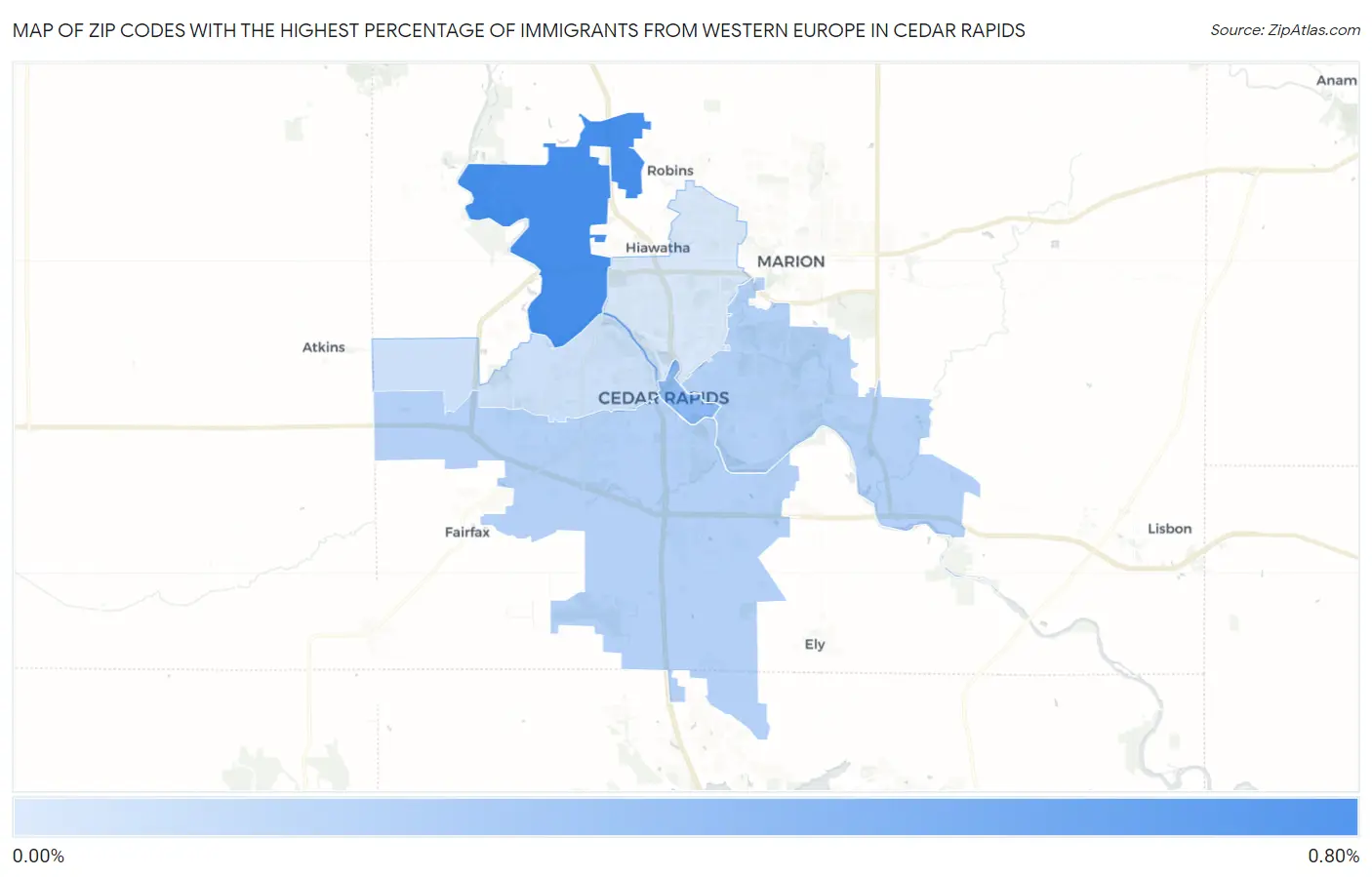 Zip Codes with the Highest Percentage of Immigrants from Western Europe in Cedar Rapids Map