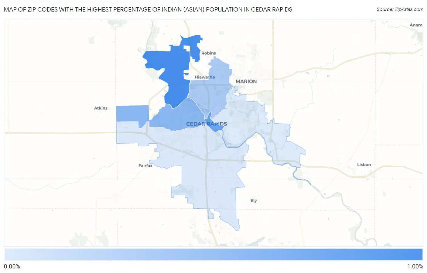 Zip Codes with the Highest Percentage of Indian (Asian) Population in Cedar Rapids Map