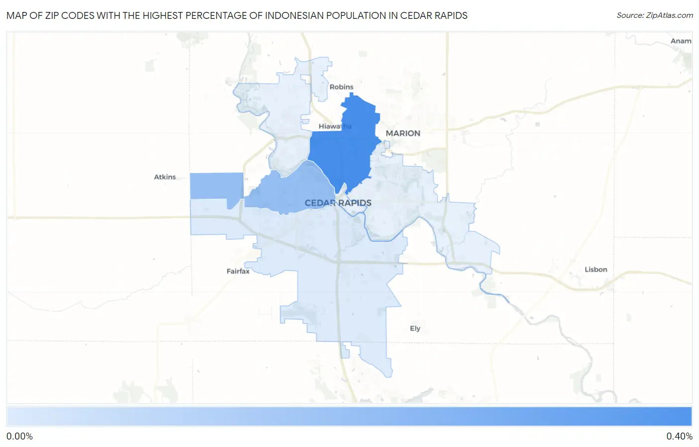 Zip Codes with the Highest Percentage of Indonesian Population in Cedar Rapids Map