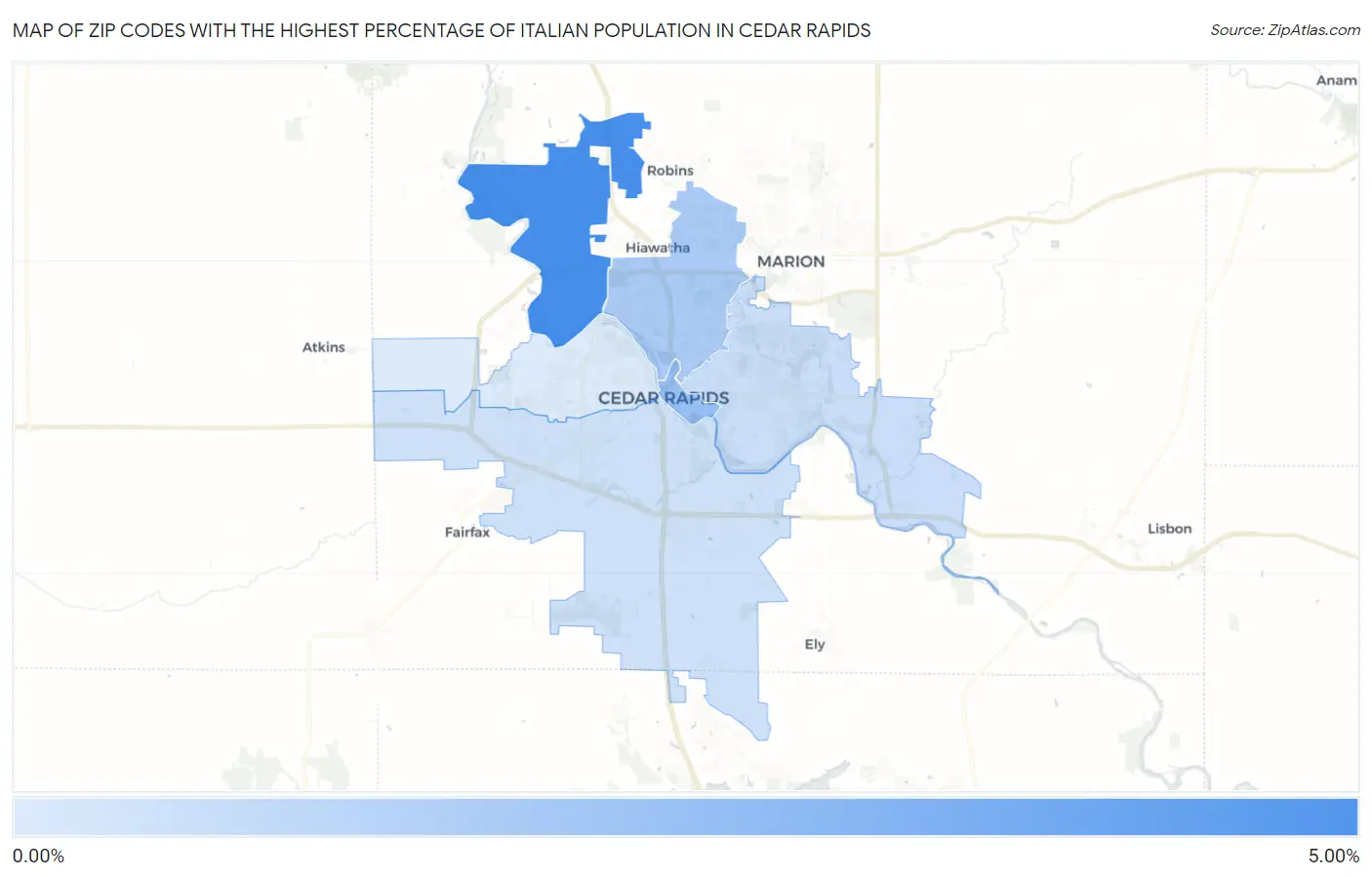 Zip Codes with the Highest Percentage of Italian Population in Cedar Rapids Map