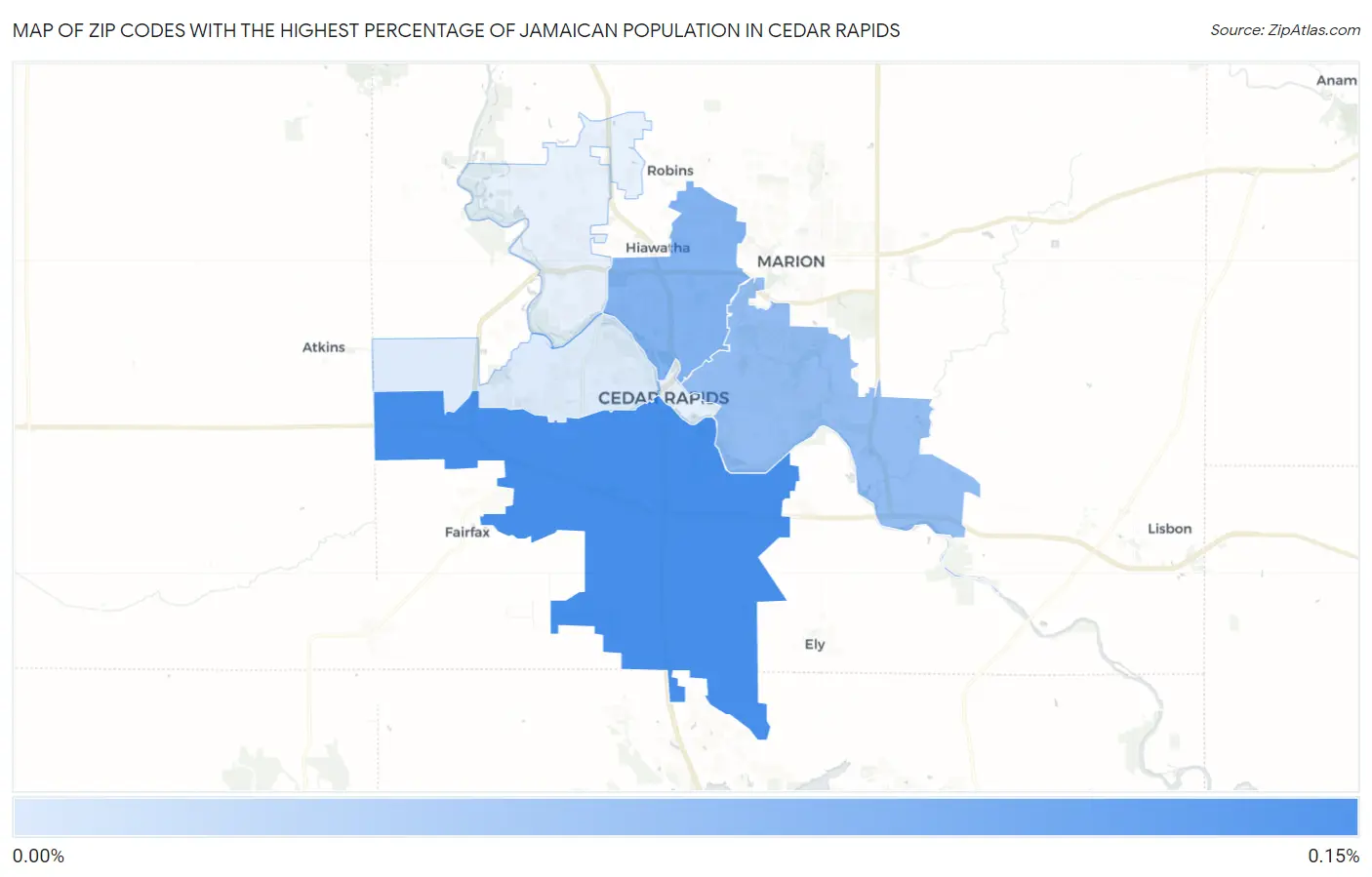 Zip Codes with the Highest Percentage of Jamaican Population in Cedar Rapids Map