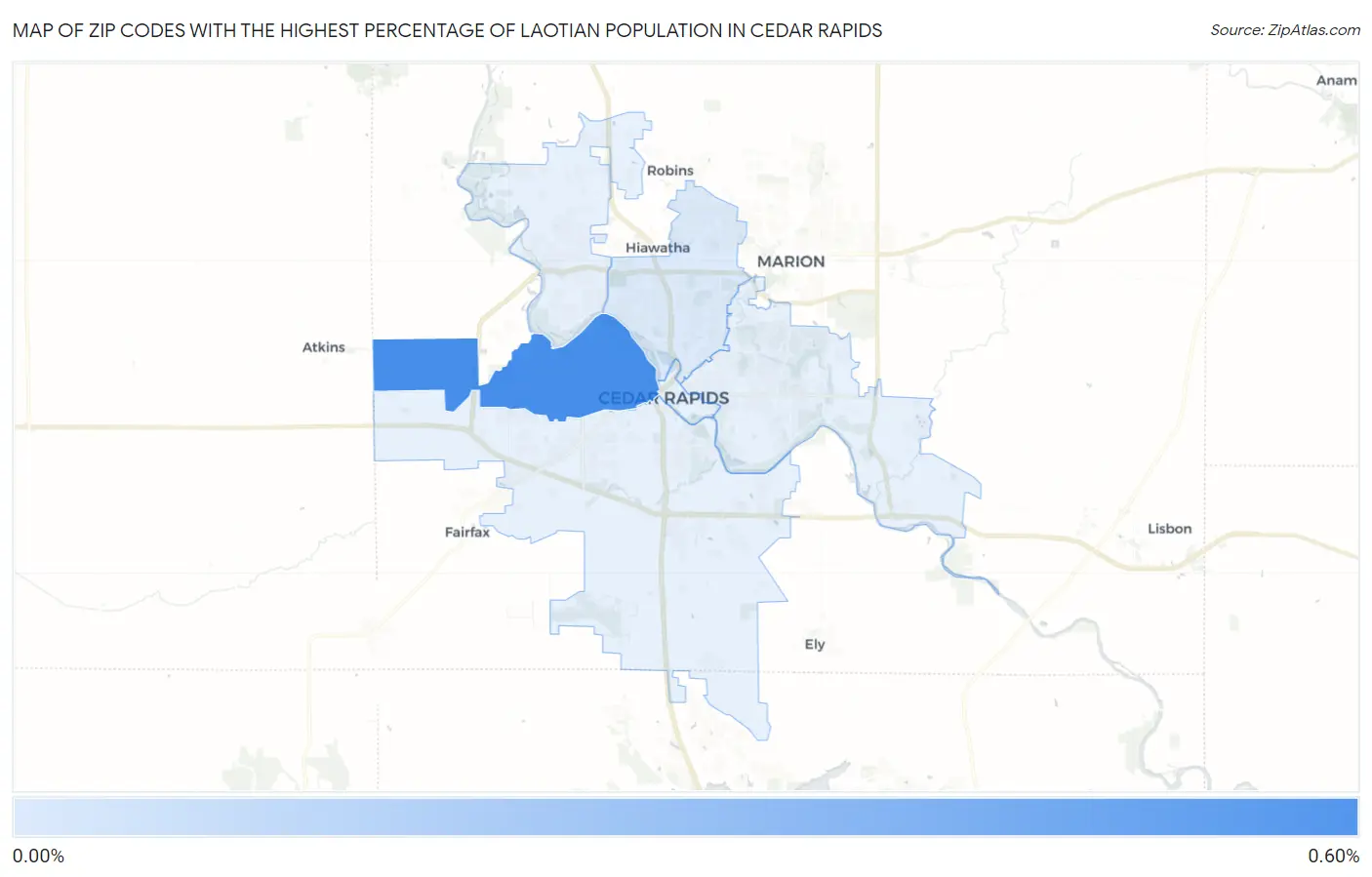 Zip Codes with the Highest Percentage of Laotian Population in Cedar Rapids Map