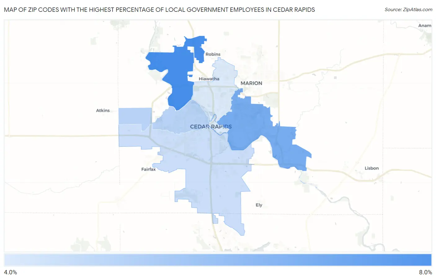 Zip Codes with the Highest Percentage of Local Government Employees in Cedar Rapids Map