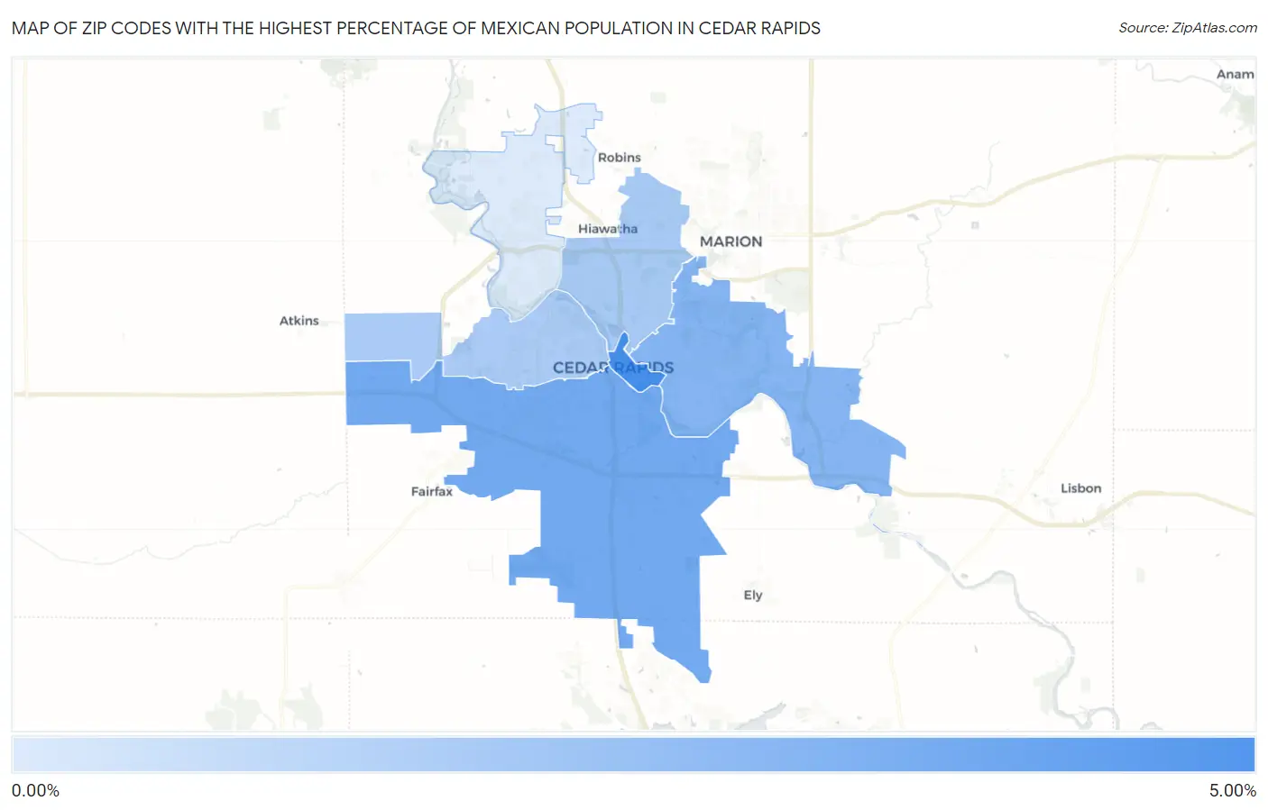 Zip Codes with the Highest Percentage of Mexican Population in Cedar Rapids Map