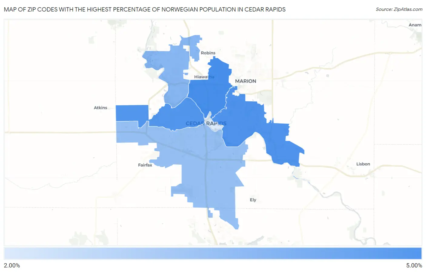 Zip Codes with the Highest Percentage of Norwegian Population in Cedar Rapids Map