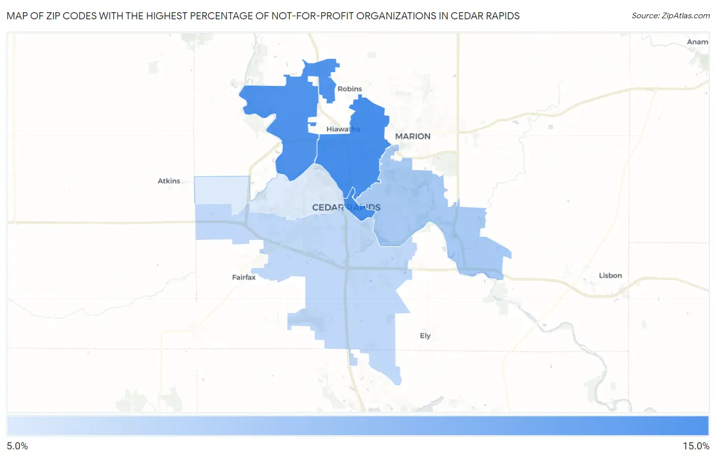 Zip Codes with the Highest Percentage of Not-for-profit Organizations in Cedar Rapids Map