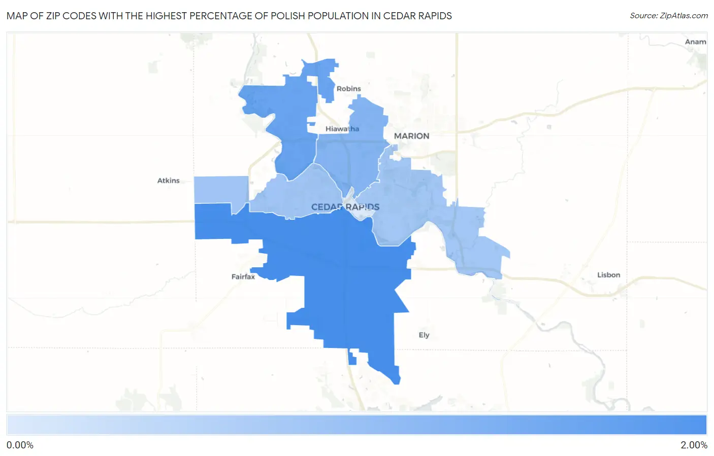 Zip Codes with the Highest Percentage of Polish Population in Cedar Rapids Map