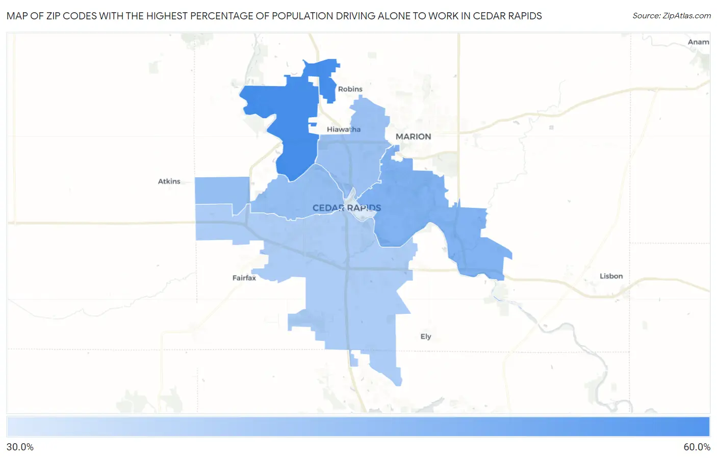 Zip Codes with the Highest Percentage of Population Driving Alone to Work in Cedar Rapids Map
