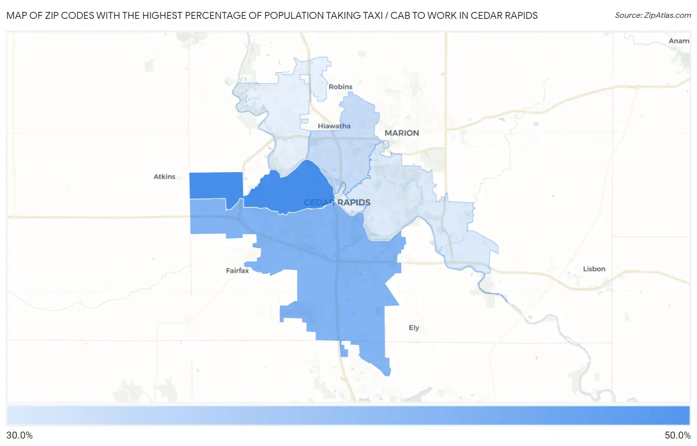 Zip Codes with the Highest Percentage of Population Taking Taxi / Cab to Work in Cedar Rapids Map