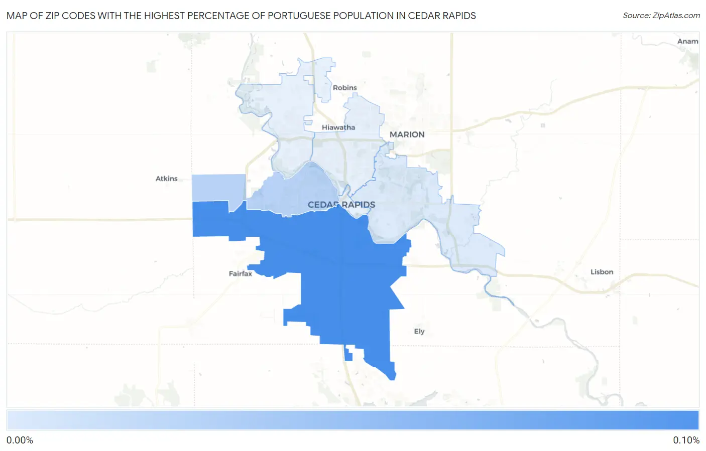 Zip Codes with the Highest Percentage of Portuguese Population in Cedar Rapids Map