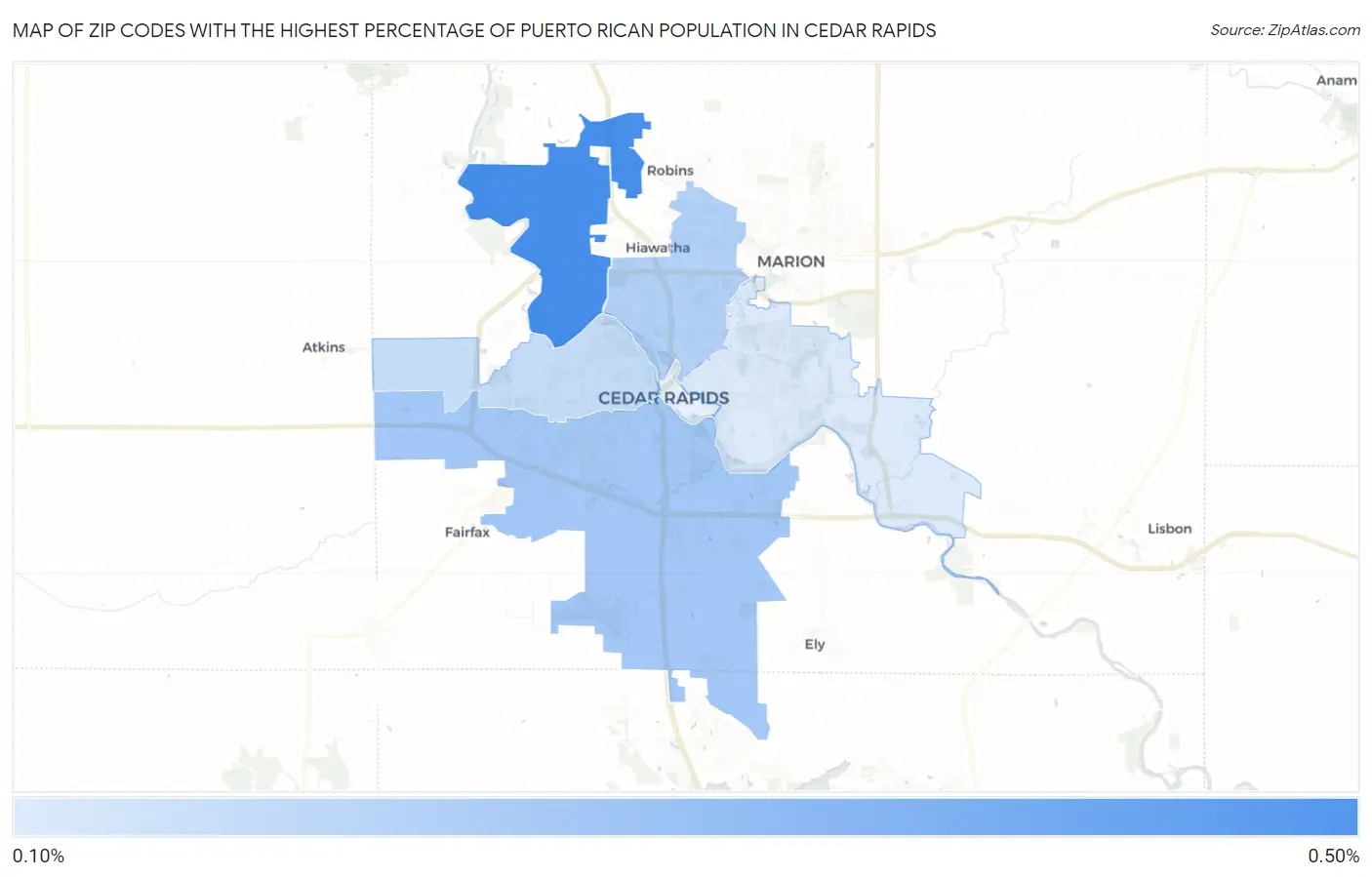 Zip Codes with the Highest Percentage of Puerto Rican Population in Cedar Rapids Map
