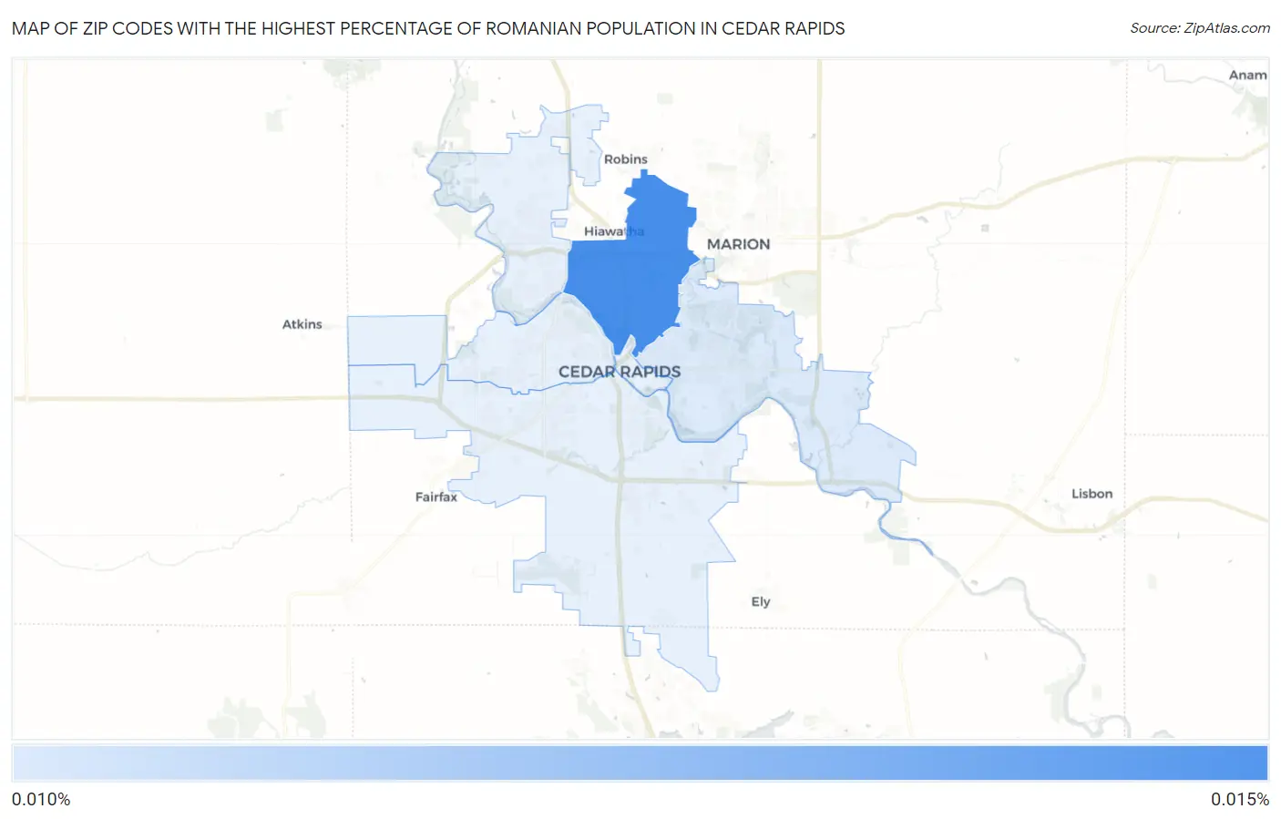 Zip Codes with the Highest Percentage of Romanian Population in Cedar Rapids Map
