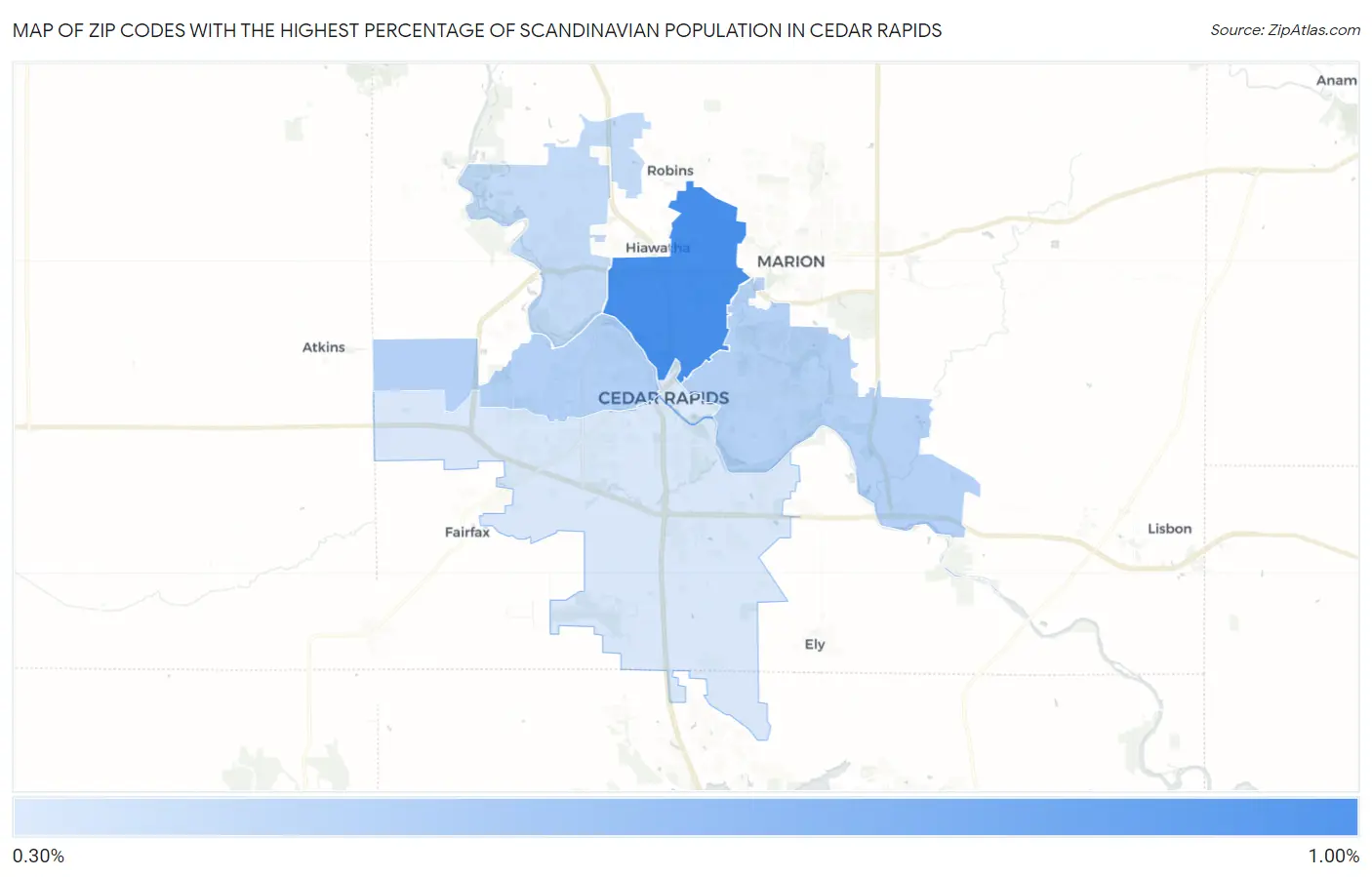 Zip Codes with the Highest Percentage of Scandinavian Population in Cedar Rapids Map