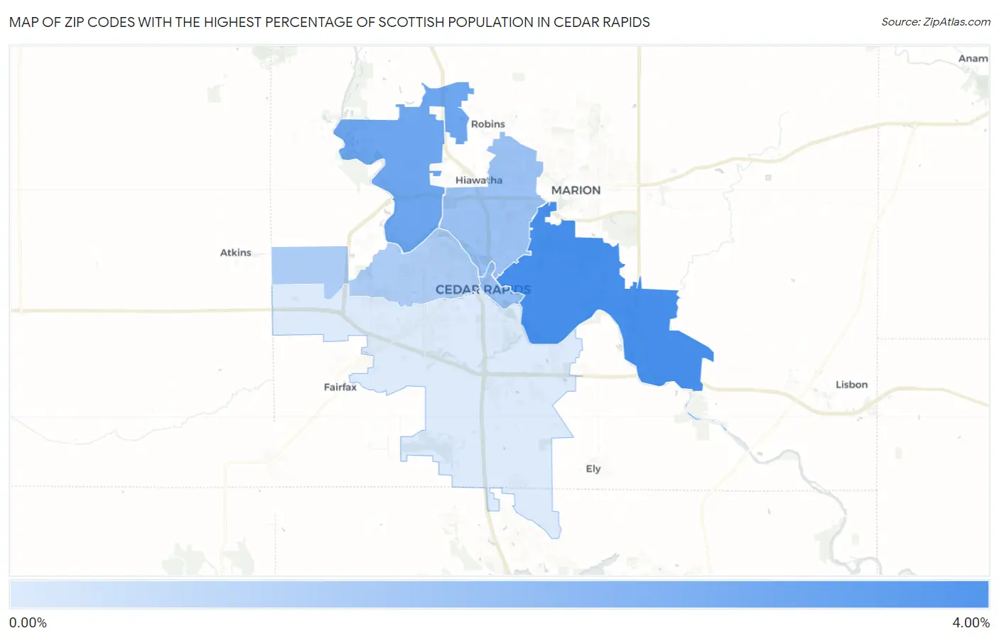 Zip Codes with the Highest Percentage of Scottish Population in Cedar Rapids Map