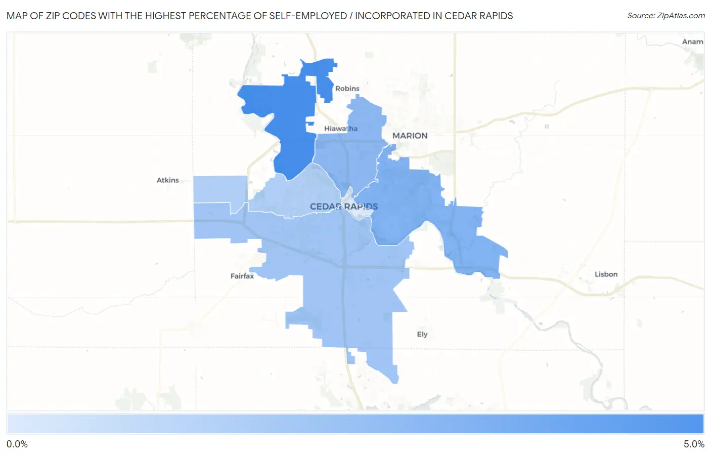 Zip Codes with the Highest Percentage of Self-Employed / Incorporated in Cedar Rapids Map