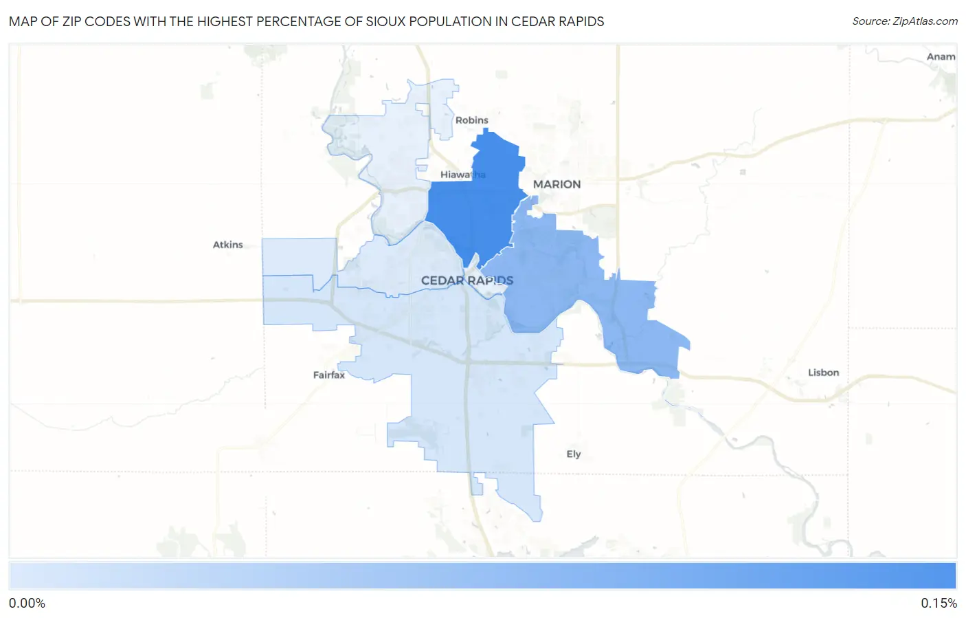 Zip Codes with the Highest Percentage of Sioux Population in Cedar Rapids Map