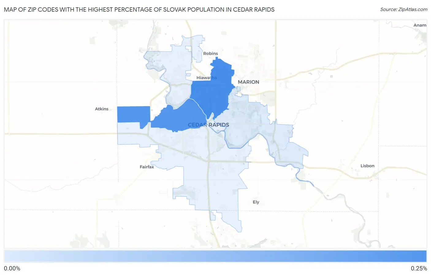 Zip Codes with the Highest Percentage of Slovak Population in Cedar Rapids Map