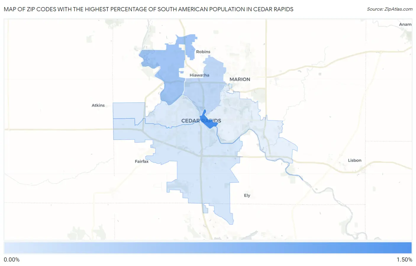 Zip Codes with the Highest Percentage of South American Population in Cedar Rapids Map