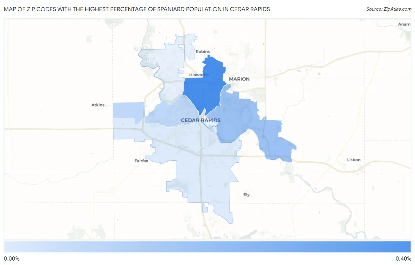 Zip Codes with the Highest Percentage of Spaniard Population in Cedar Rapids Map