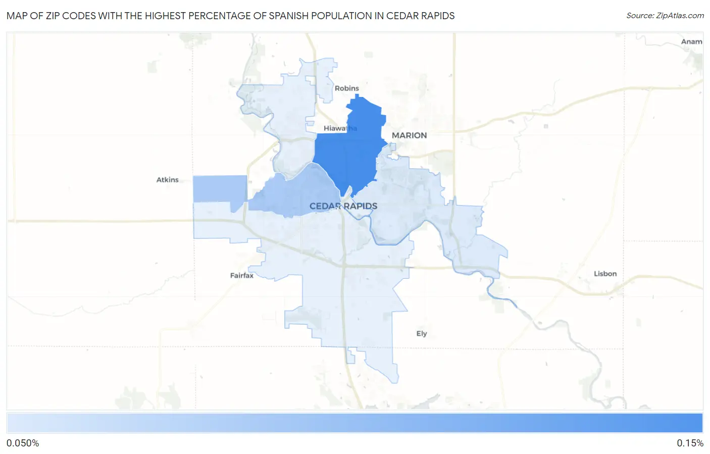 Zip Codes with the Highest Percentage of Spanish Population in Cedar Rapids Map