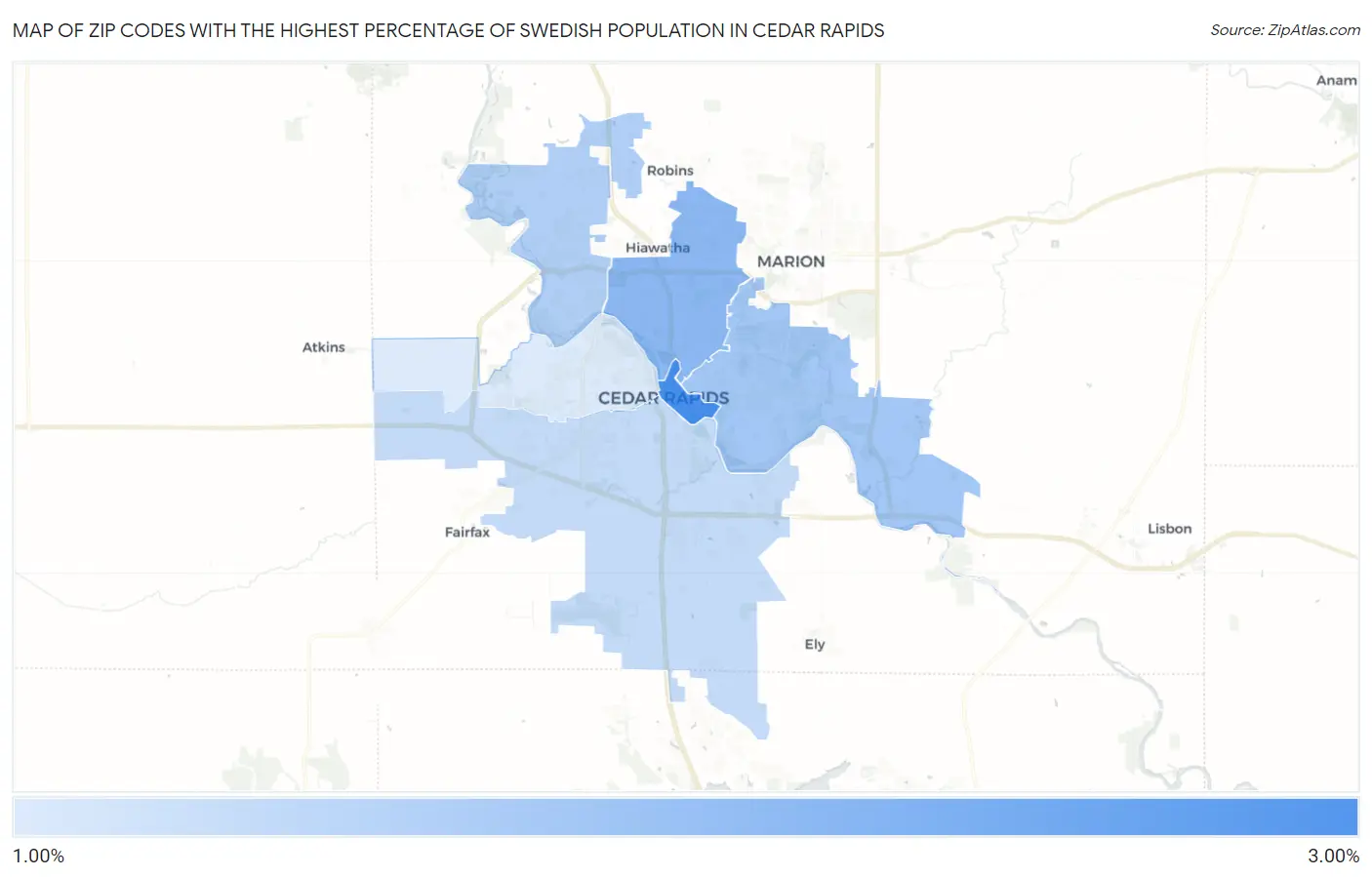 Zip Codes with the Highest Percentage of Swedish Population in Cedar Rapids Map