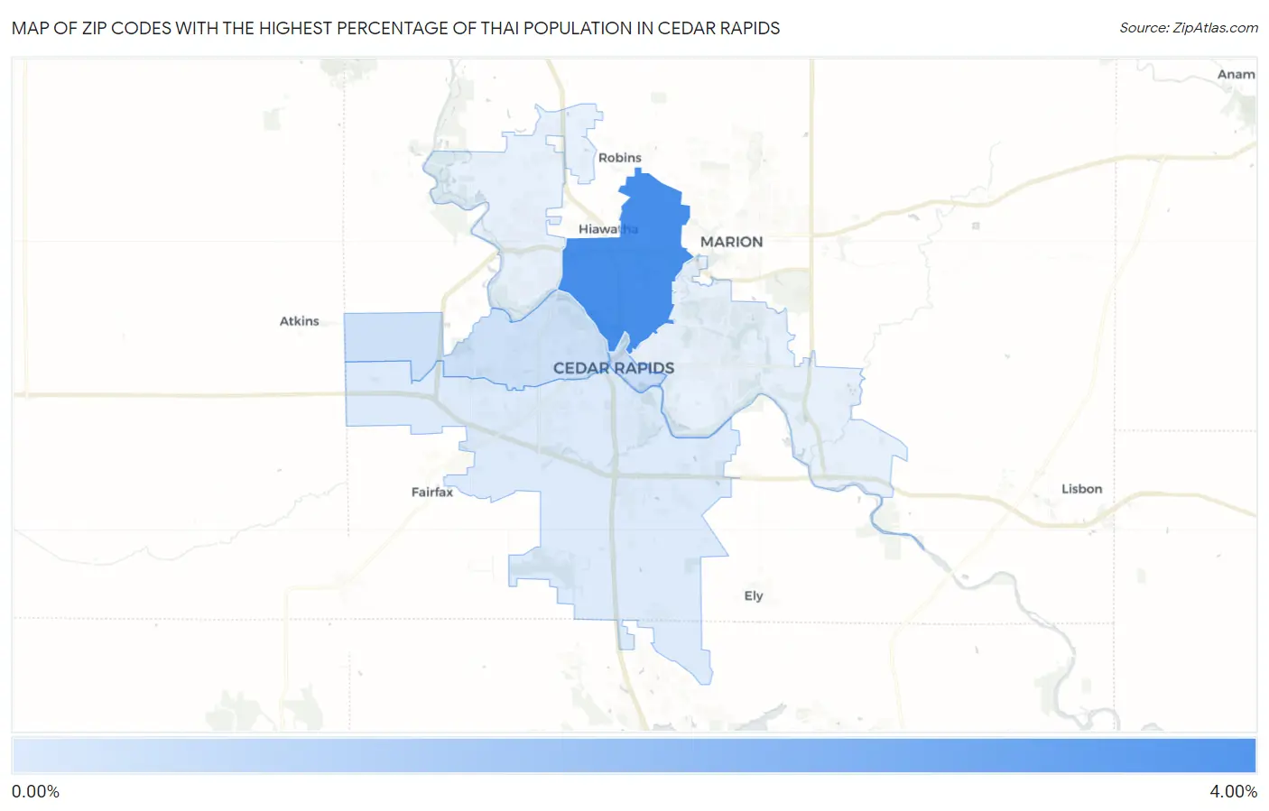 Zip Codes with the Highest Percentage of Thai Population in Cedar Rapids Map