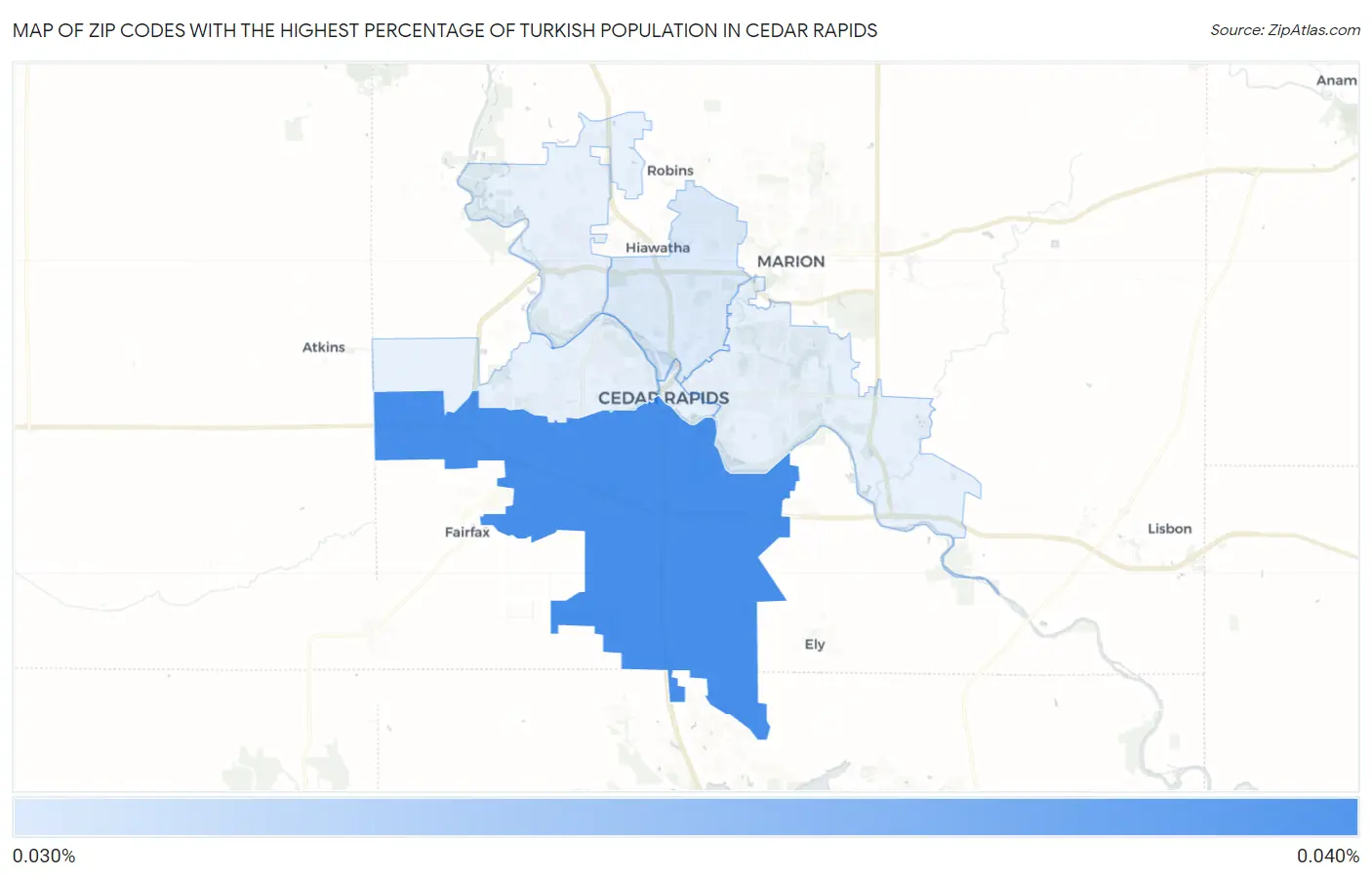 Zip Codes with the Highest Percentage of Turkish Population in Cedar Rapids Map