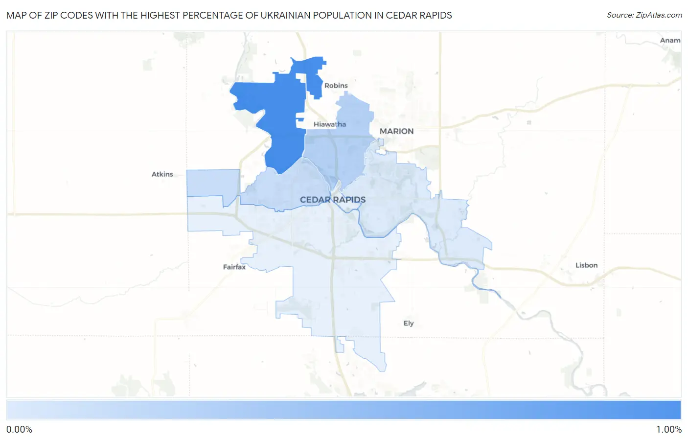 Zip Codes with the Highest Percentage of Ukrainian Population in Cedar Rapids Map