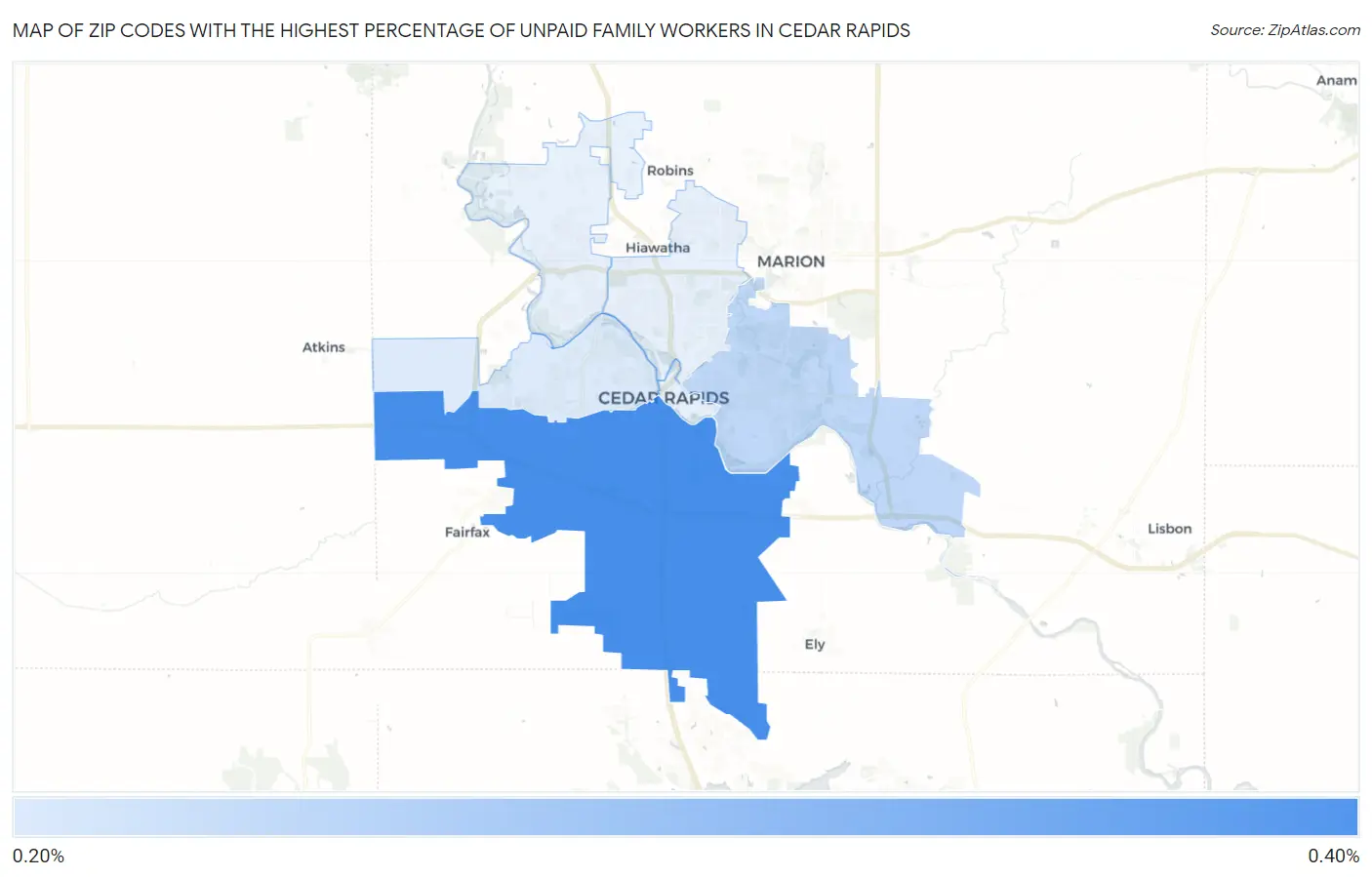 Zip Codes with the Highest Percentage of Unpaid Family Workers in Cedar Rapids Map
