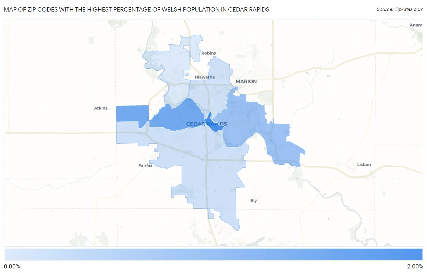 Zip Codes with the Highest Percentage of Welsh Population in Cedar Rapids Map