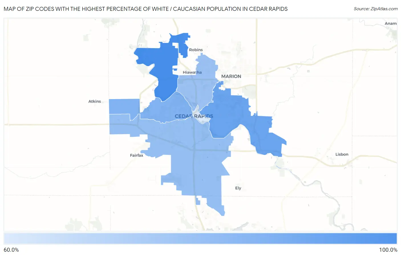 Zip Codes with the Highest Percentage of White / Caucasian Population in Cedar Rapids Map