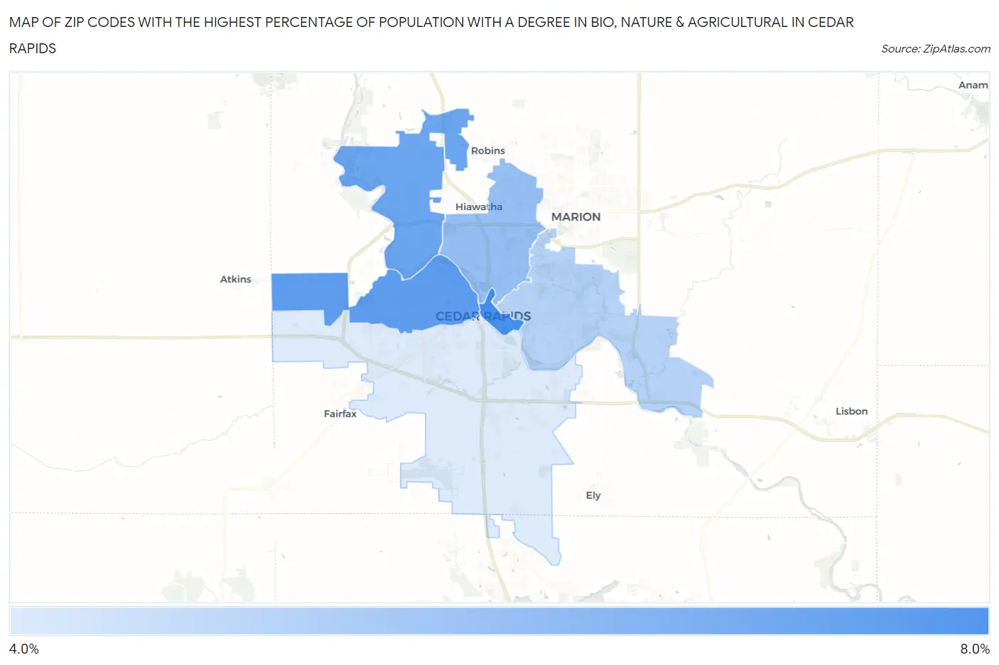 Zip Codes with the Highest Percentage of Population with a Degree in Bio, Nature & Agricultural in Cedar Rapids Map