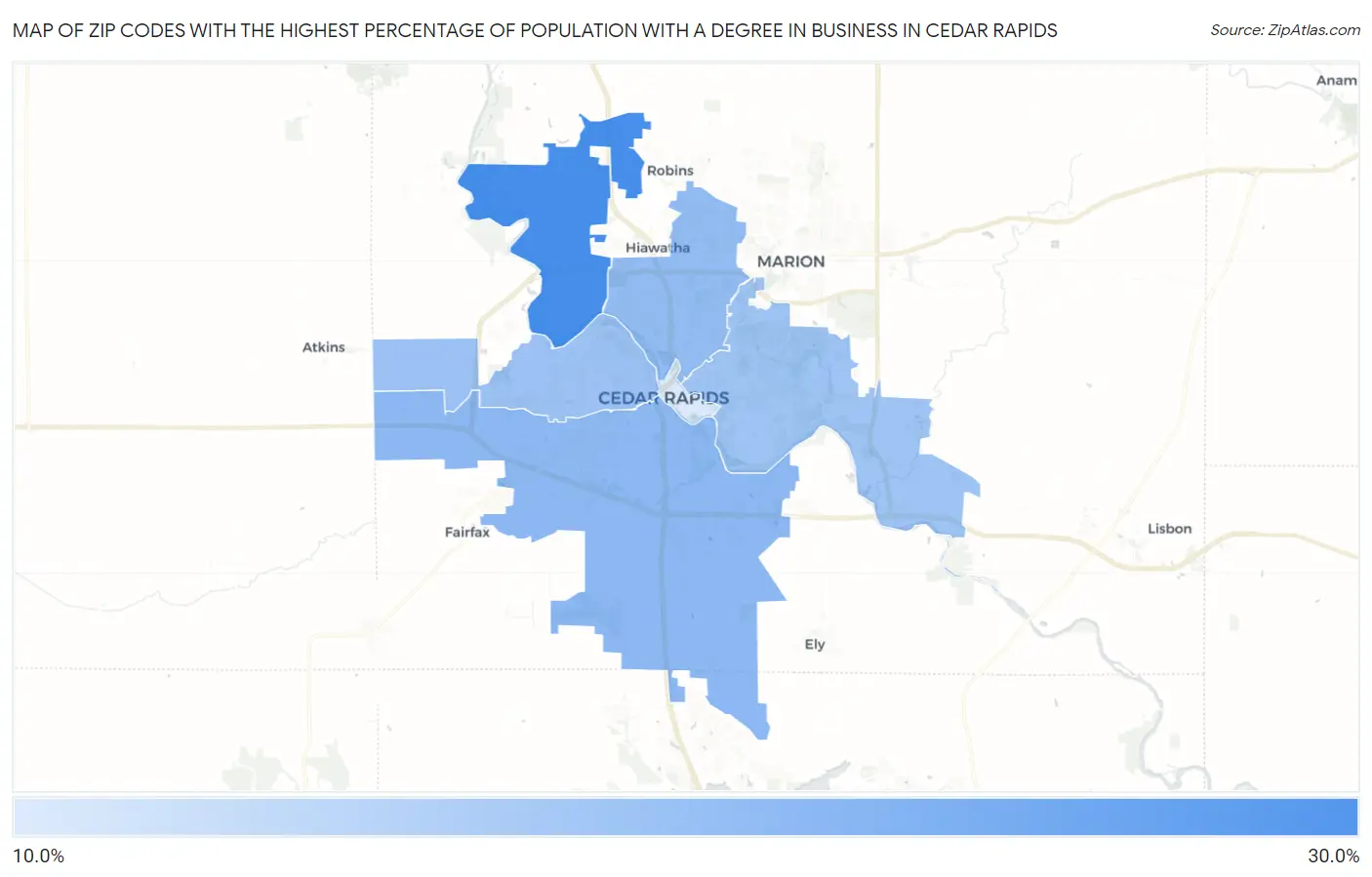 Zip Codes with the Highest Percentage of Population with a Degree in Business in Cedar Rapids Map