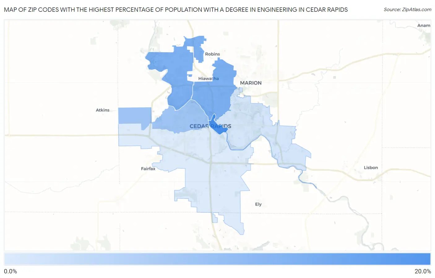 Zip Codes with the Highest Percentage of Population with a Degree in Engineering in Cedar Rapids Map