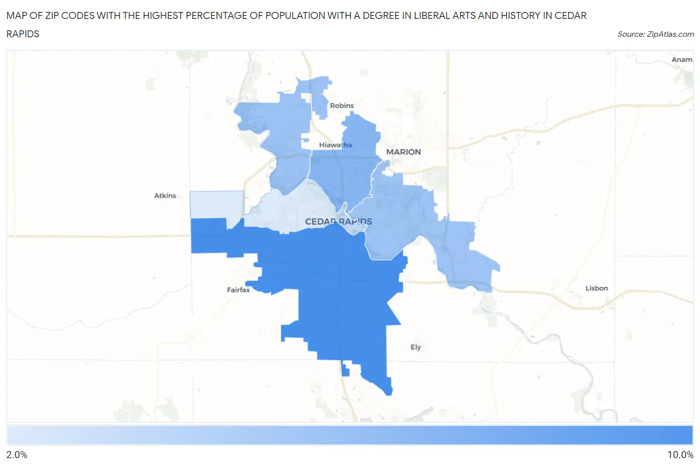 Zip Codes with the Highest Percentage of Population with a Degree in Liberal Arts and History in Cedar Rapids Map