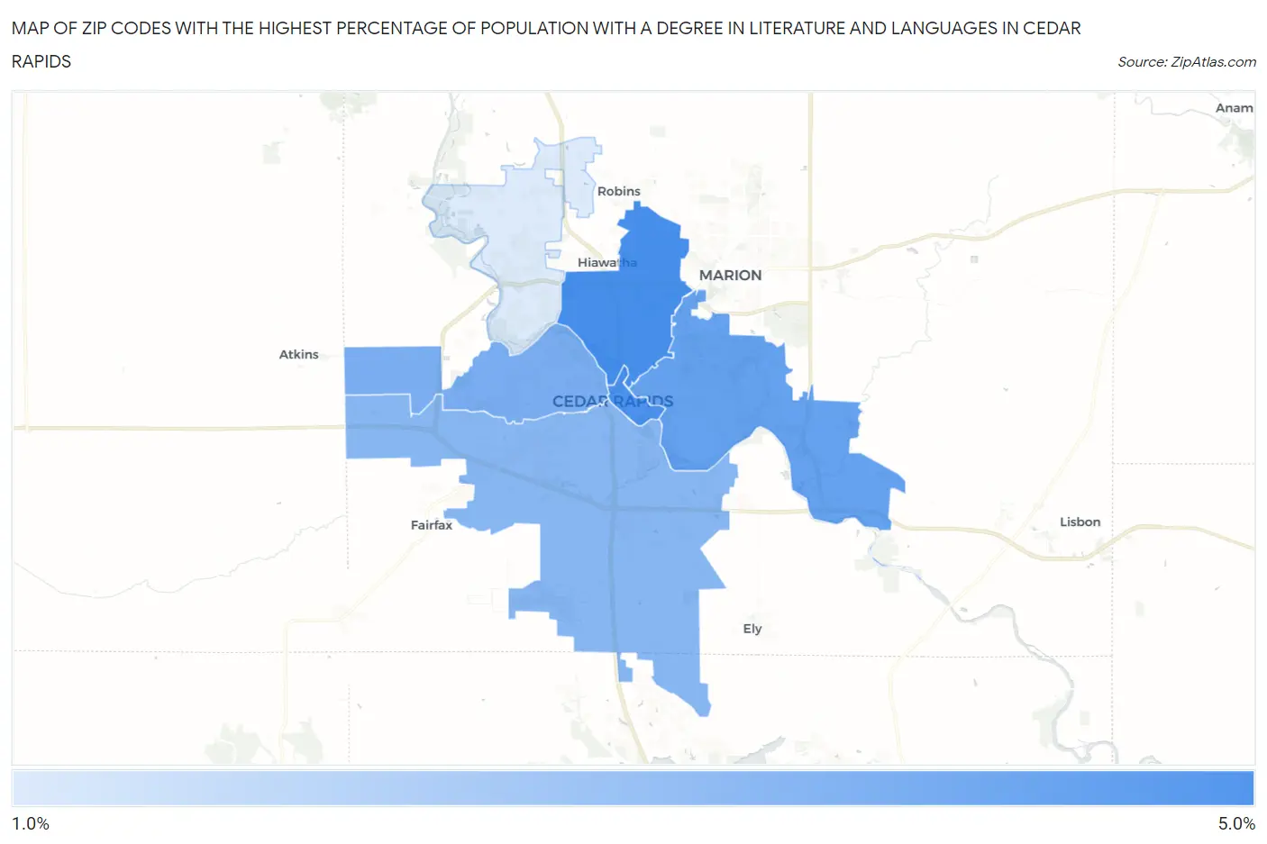 Zip Codes with the Highest Percentage of Population with a Degree in Literature and Languages in Cedar Rapids Map