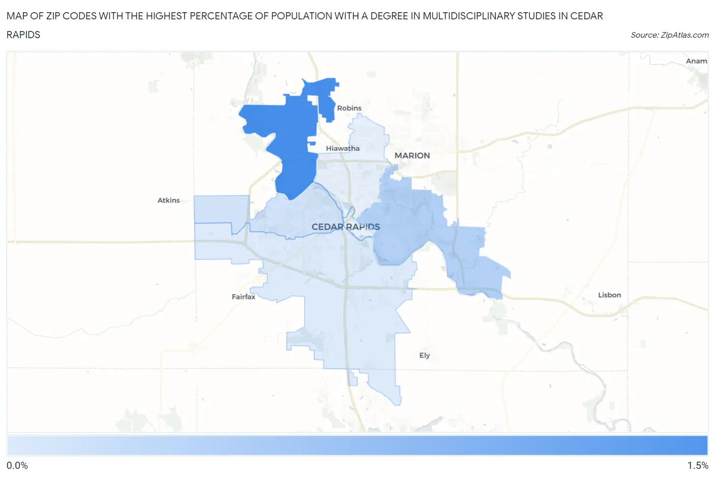 Zip Codes with the Highest Percentage of Population with a Degree in Multidisciplinary Studies in Cedar Rapids Map