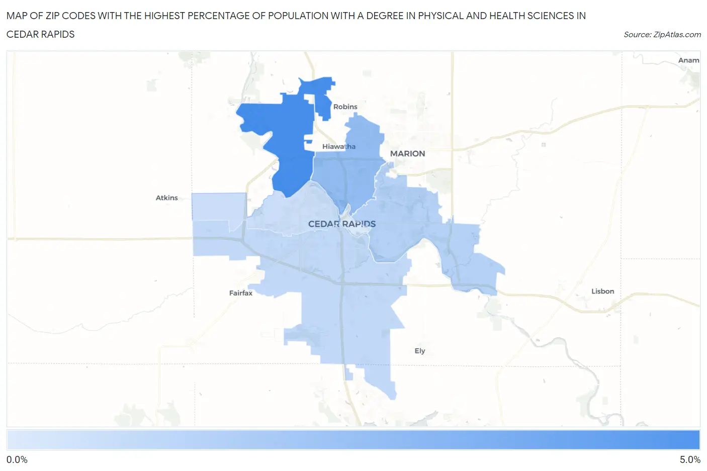 Zip Codes with the Highest Percentage of Population with a Degree in Physical and Health Sciences in Cedar Rapids Map