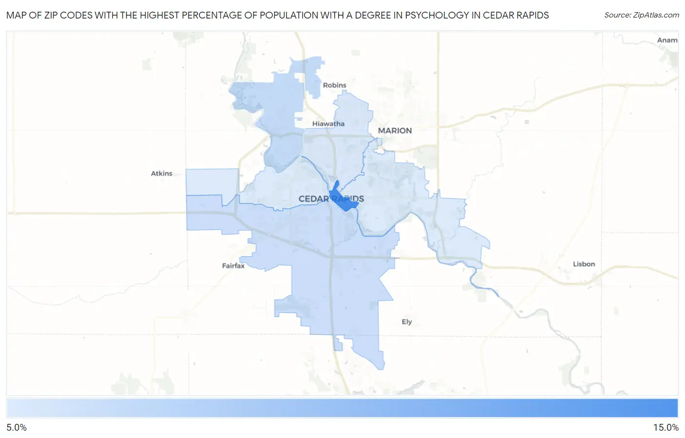 Zip Codes with the Highest Percentage of Population with a Degree in Psychology in Cedar Rapids Map
