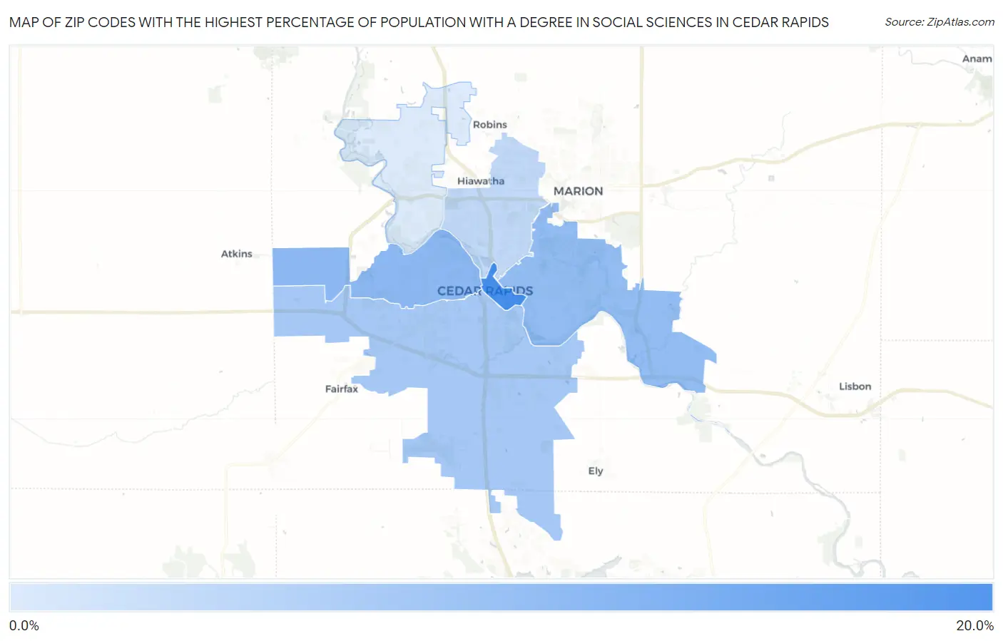 Zip Codes with the Highest Percentage of Population with a Degree in Social Sciences in Cedar Rapids Map