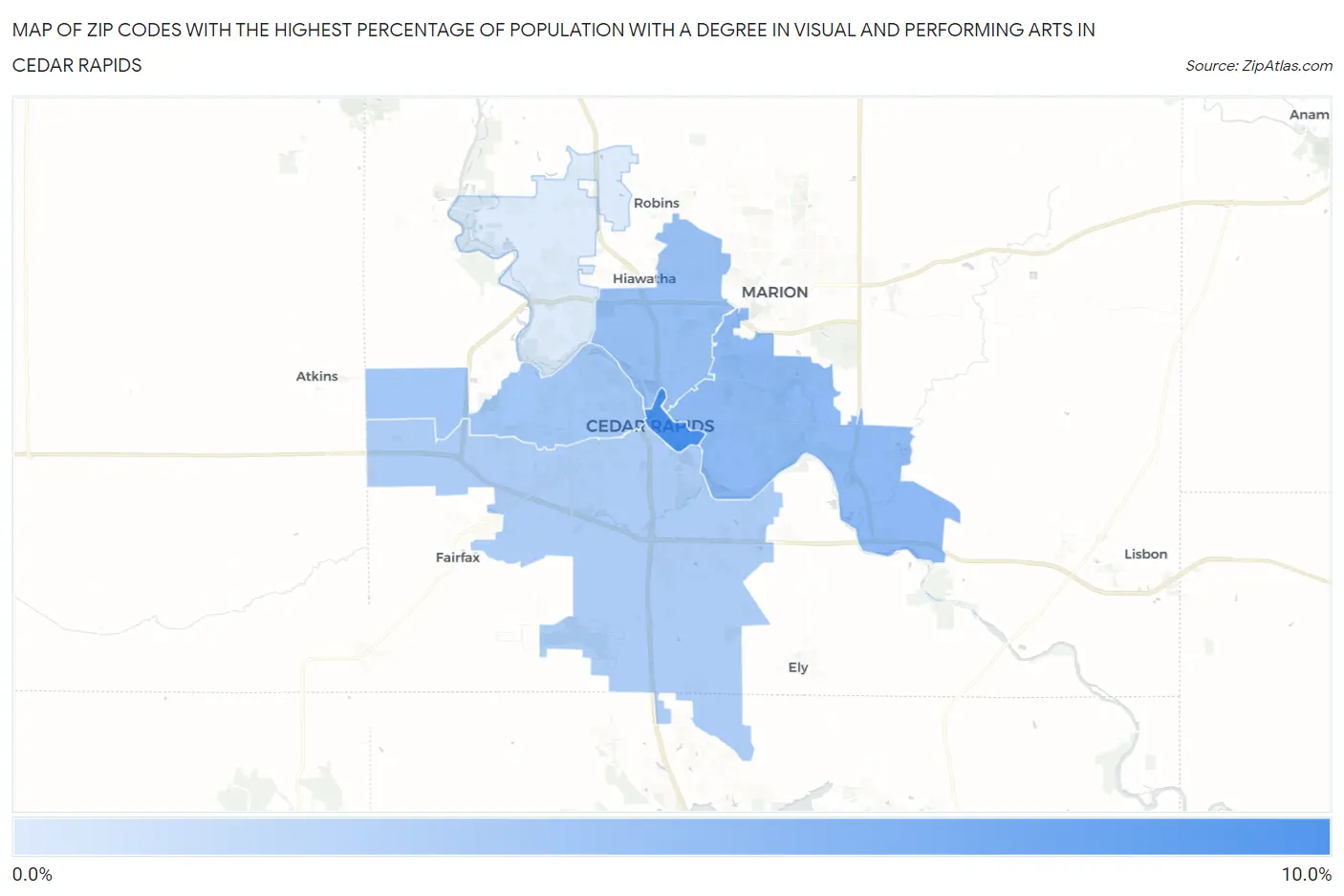 Zip Codes with the Highest Percentage of Population with a Degree in Visual and Performing Arts in Cedar Rapids Map