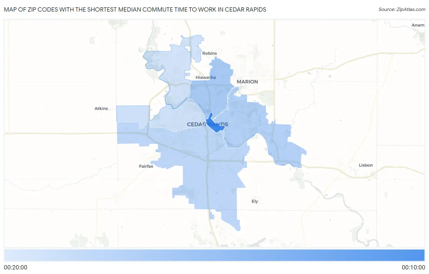Zip Codes with the Shortest Median Commute Time to Work in Cedar Rapids Map