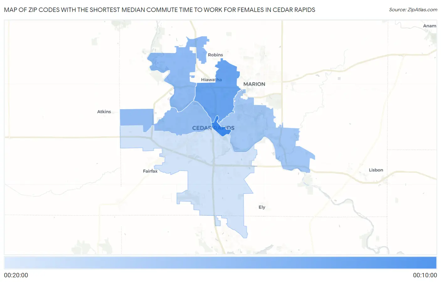 Zip Codes with the Shortest Median Commute Time to Work for Females in Cedar Rapids Map