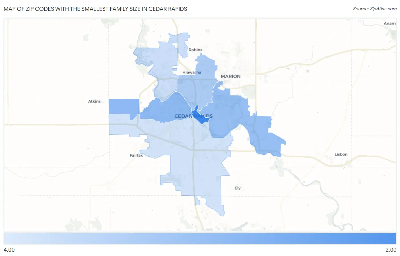 Zip Codes with the Smallest Family Size in Cedar Rapids Map